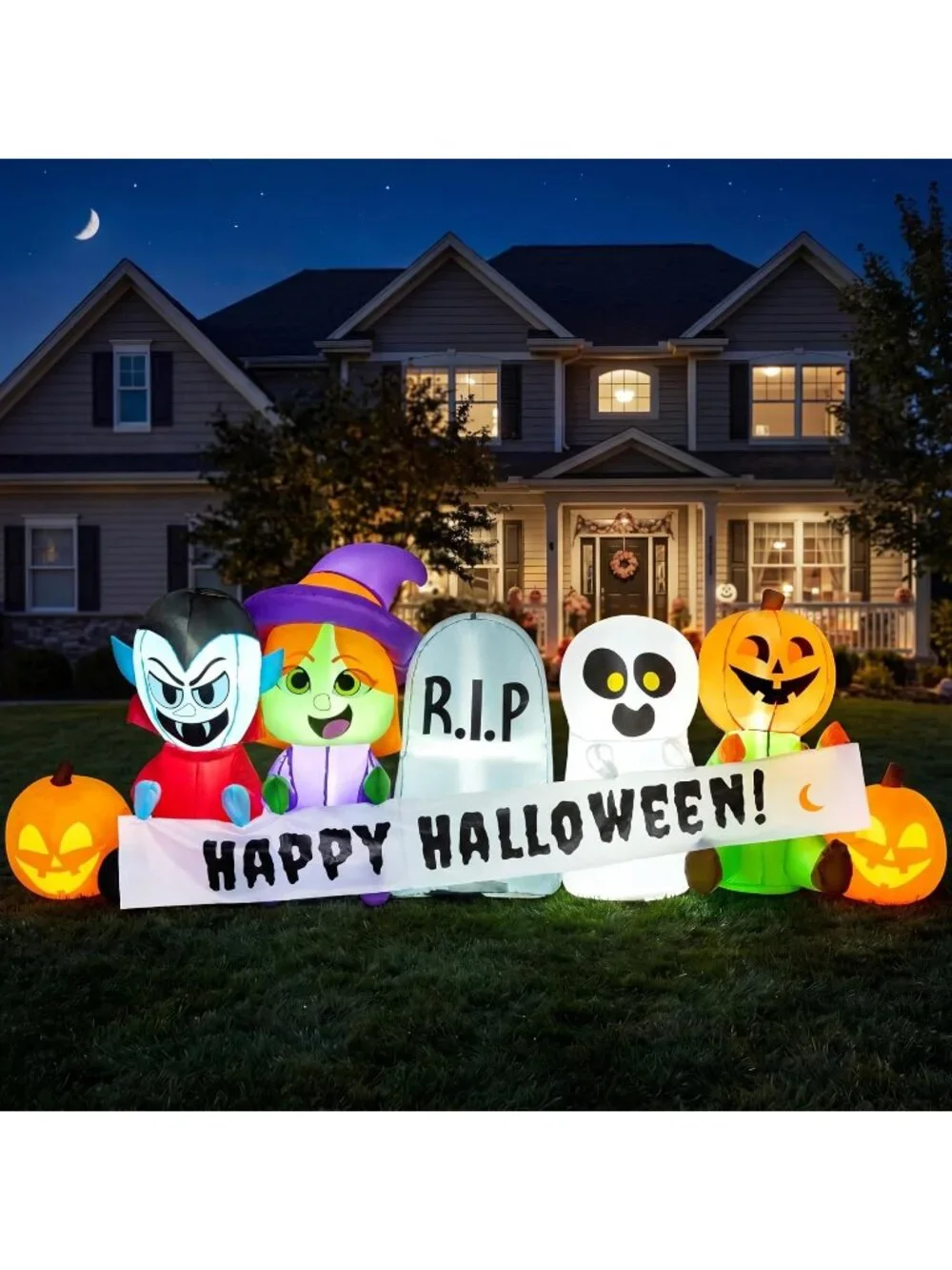 🎃 8 FT Long Halloween Pumpkin Ghost Vampire Witch Tombstone Decor with LEDs
